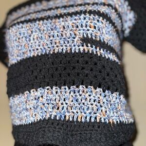 Black and Blue Crewneck Sweater with Intricate Frayed Texture